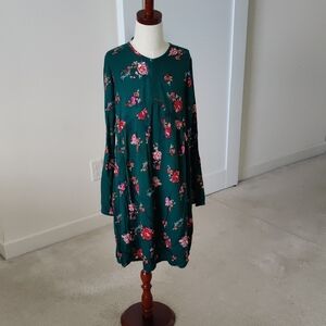 art class Teal Green Floral Long-Sleeve Midi Dress Y2K Cottagecore Trendy